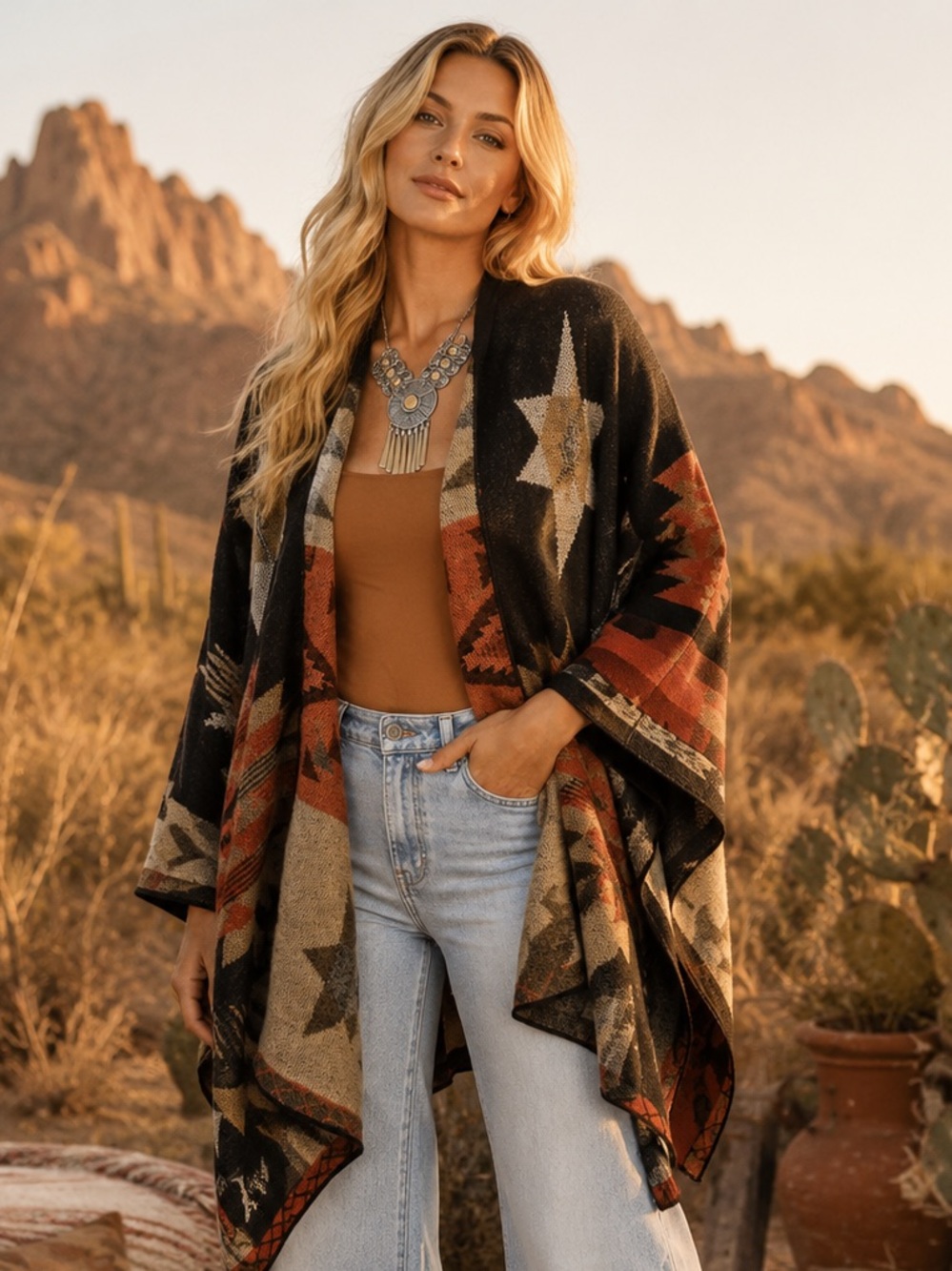 Boho Star Pattern Open Front Cardigan - Black & Brown